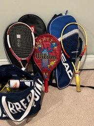 Lot Of 5 Tennis Rackets And Tote Of Tennis Balls