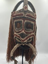 Hand Woven Tribal Face Mask On Metal Stand