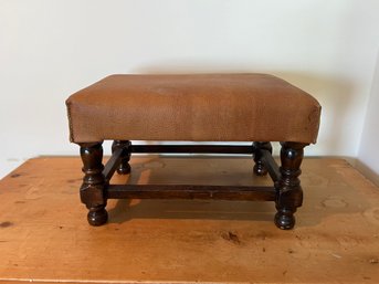Antique Leather Stool With Wood Base