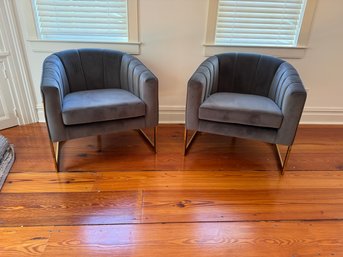 Set Of Two Grey Upholstered And Brass Chairs