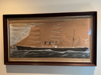 Antique Glass Framed Drawing On Paper Ship