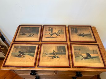 Lot Of 6 Antique Hand Colored Cock Fighting Prints