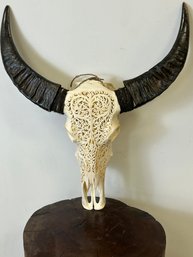 Hand Carved Bull Skull With Horns