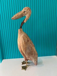 Pelican Wood Sculpture With Brass Feet