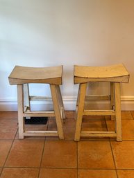 Pair Of Wooden White Distressed Stools