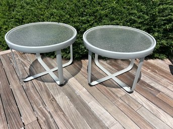 Set Of 2 Round Gray Aluminum Outdoor Tables With Frosted Plastic Top (lot 2 Of 2)