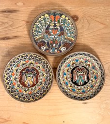 Set Of 3 Vintage Brass/cloisonne Plates