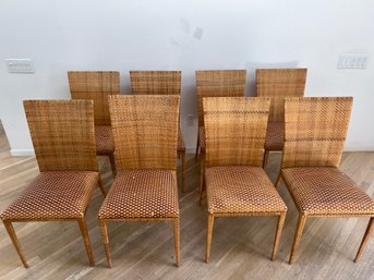 Set Of 8 Wicker Works Chairs With Woven Leather Seats