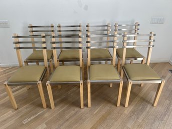 Set Of 8 Michael Heltzer Stainless Steel Dining Chairs With Leather Seats