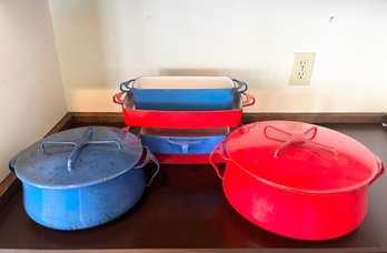 8 Pc Lot Of Vintage French Dansk Red And Blue Enamelware