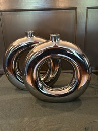 Pair Of Circular Chrome Vases