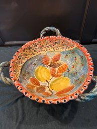 Painted Italian Ceramic Fruit Bowl With Handles