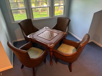 Maitland Smith Carved Wood, Rattan, And Leather Game Table With 4 Rattan Chairs