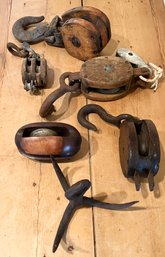 Lot Of Antique Wood Pulley Block And  Tackles