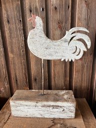Wood Carved Rooster Folk Art On Metal Post & Base