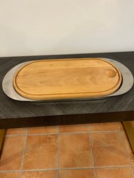 Oval Wooden Cutting Board With Silver Tray