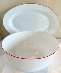 Harmonia Platter & Bowl White Milk Glass W Red Rim