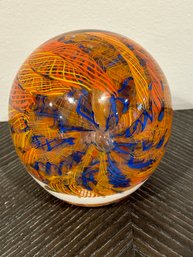 Hand Blown Orange, Blue And Yellow Glass Paperweight