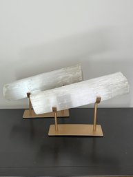 Pair Of Selenite Cylinders On Brass Stands