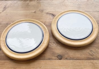 Set Of 2 Dansk Bistro Christianshavn Blue Wood Hot Plates With Ceramic Tile Center