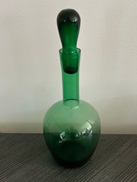 Hand Blown Green Glass Decanter With Glass Stopper