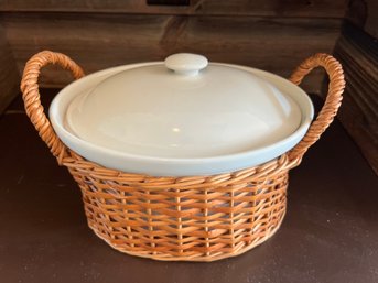 Hall Covered Casserole Dish In Wicker Basket