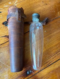 Antique Glass Flask In Leather Case