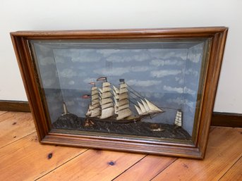 Antique American Ship Diorama In Shadow Box Frame