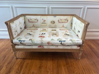 Upholstered Settee With Dog Motif Upholstery