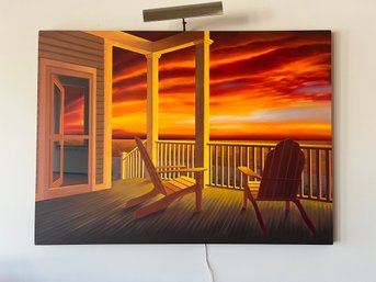 Huge Oil Painting Beach House Sunset Signed