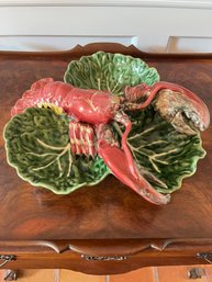 Vintage Hand Painted Ceramic Lobster And Cabbage  Serving Dish