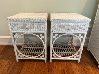 Pair Of White Wicker End Tables Nightstands