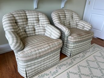 Pair Of Custom Upholstered Green & Cream Swivel/rocking Chairs