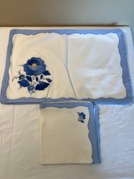 Set Of 4 White & Blue Floral Placemats With Matching Napkins