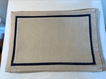 Set Of 10 Cream Placemats With Navy Blue Embroidered Boarder