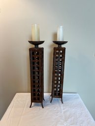 Pair Of Tall Metal Candle Holder Heavy Rust