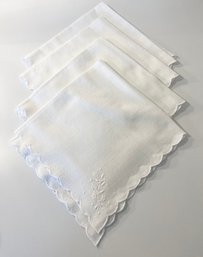 Set Of 4 White Embroidered Scalloped Edge Dinner Napkins