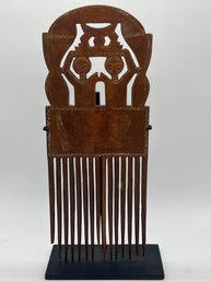 Hand Carved African Ashanti Comb On Metal Stand