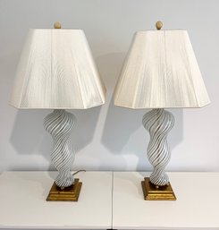 Pair Of Glass Blue And Gold Swirl Table Lamps With Silk Shades