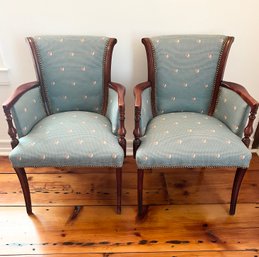 Pair Antique Upholstered Armchairs With Mahogany Base And Rooster Pattern