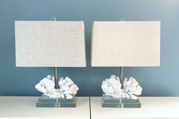 Pair Of White Coral Table Lamps With Lucite Base