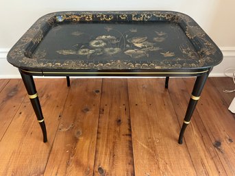 Antique Hand Painted Lacquered Tray On Wood Stand