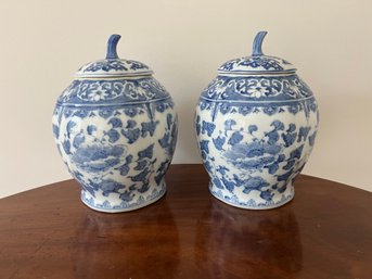 Pair Of Blue And White Ceramic Ginger Jars