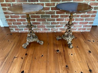 Pair Of Antique Wood Side Tables With Gilted Iron Dolphin Base