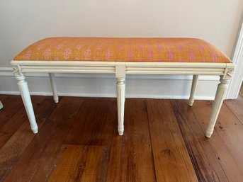 Upholstered Antique Bench With Orange And Pink Fabric