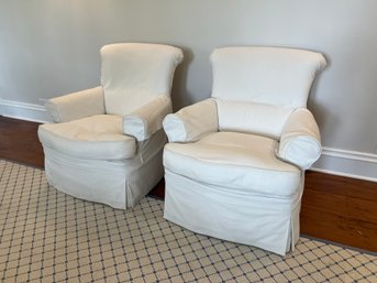 Pair Of White Linen Newley Upholstered Chairs