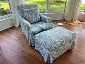 Blue And White Lee Jofa Sameera Fabric Upholstered Chair With Ottoman