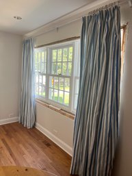 Blue, Gray And White Striped Lined Pleated Drapes With Hooks And Rod 130'w X 87'l