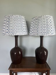 Pair Of Brown Glass Table Lamps With Blue And White Shades