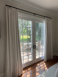 Pair Of White Pleated And Lined Linen Drapes With Black Hardware (1 0f 4)